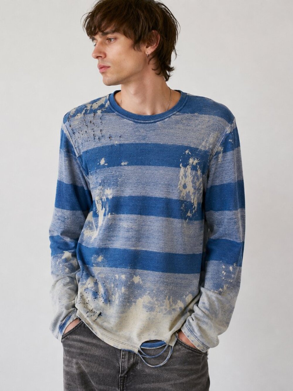 NSF Blue Striped Distressed Cotton Crewneck Sweater Medium Paint Splatter